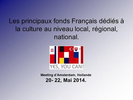 Les principaux fonds Français dédiés à la culture au niveau local, régional, national. Meeting d’Amsterdam, Hollande 20- 22, Mai 2014.