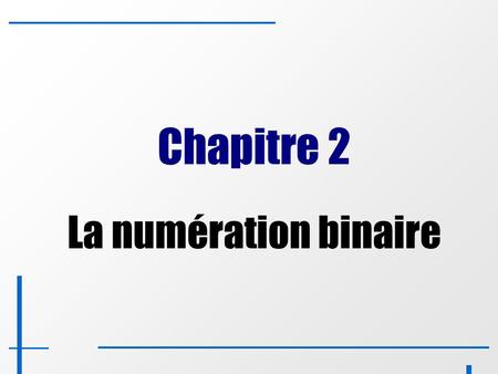 1 Chapitre 2 La numération binaire. 2 Chapitre 2 : La numération binaire Introduction 1 - Le système binaire 2 - La conversion des nombres entiers 2.1.