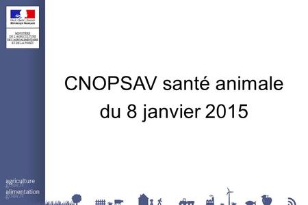 CNOPSAV santé animale du 8 janvier 2015. Ordre du jour 1)Approbation CR CNOPSAV SA n°6 du 25/6 2)Inclusion FNC 3)Point copils sanitaires 4)Stratégie éradication.