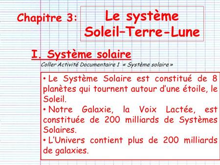 I. Système solaire Chapitre 3: Le système Soleil–Terre-Lune Le Système Solaire est constitué de 8 planètes qui tournent autour d’une étoile, le Soleil.