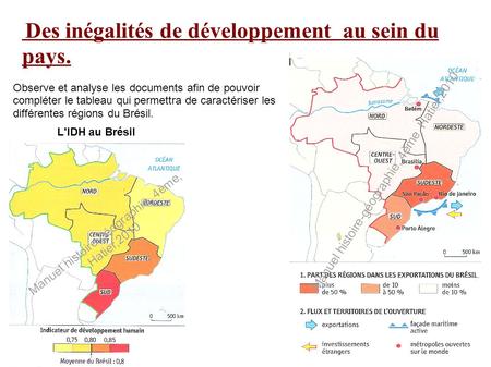 Observe et analyse les documents afin de pouvoir compléter le tableau qui permettra de caractériser les différentes régions du Brésil. L'IDH au Brésil.