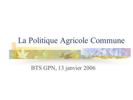 La Politique Agricole Commune BTS GPN, 13 janvier 2006.