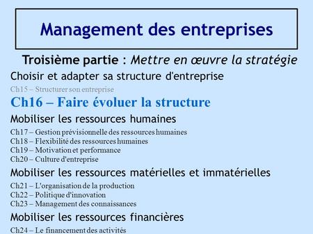 Management des entreprises Troisième partie : Mettre en œuvre la stratégie Choisir et adapter sa structure d'entreprise Ch15 – Structurer son entreprise.