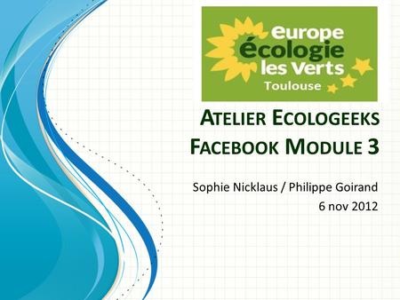 A TELIER E COLOGEEKS F ACEBOOK M ODULE 3 Sophie Nicklaus / Philippe Goirand 6 nov 2012.