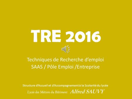 TRE 2016 Techniques de Recherche d’emploi SAAS / Pôle Emploi /Entreprise Structure d’Accueil et d’Accompagnement à la Scolarité du lycée Lycée des Métiers.