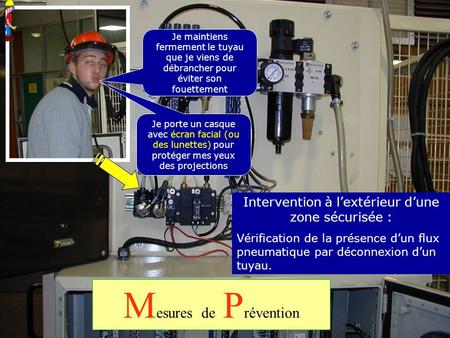 M esures de P révention Intervention à l’extérieur d’une zone sécurisée : Vérification de la présence d’un flux pneumatique par déconnexion d’un tuyau.