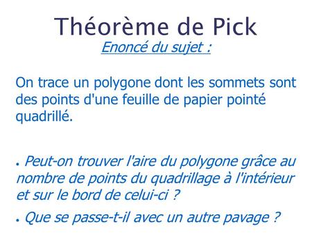 Théorème de Pick Enoncé du sujet : On trace un polygone dont les sommets sont des points d'une feuille de papier pointé quadrillé. ● Peut-on trouver l'aire.