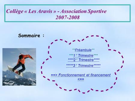 Collège « Les Aravis » - Association Sportive 2007-2008 Sommaire : **Préambule**Préambule ***1° Trimestre***1° Trimestre ****2° Trimestre**** *****3° Trimestre*****