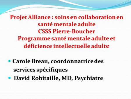 Carole Breau, coordonnatrice des services spécifiques services spécifiques David Robitaille, MD, Psychiatr David Robitaille, MD, Psychiatre Projet Alliance.