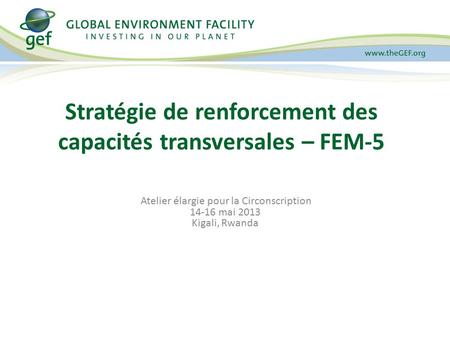 Atelier élargie pour la Circonscription 14-16 mai 2013 Kigali, Rwanda Stratégie de renforcement des capacités transversales – FEM-5.