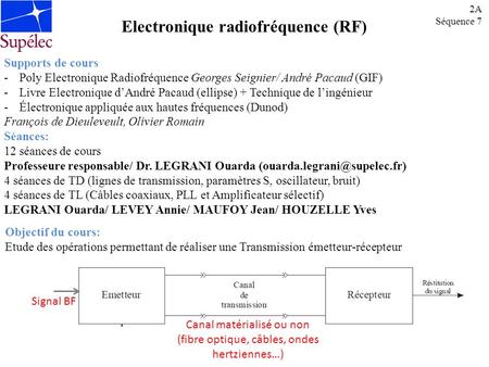 Electronique radiofréquence (RF) 2A Séquence 7 Supports de cours -Poly Electronique Radiofréquence Georges Seignier/ André Pacaud (GIF) -Livre Electronique.