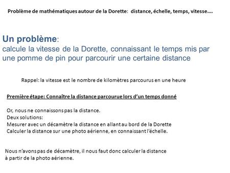 Un problème : calcule la vitesse de la Dorette, connaissant le temps mis par une pomme de pin pour parcourir une certaine distance Première étape: Connaître.