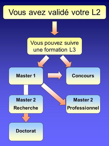 Vous avez validé votre L2 Vous pouvez suivre une formation L3 Master 1 Master 2 Recherche Concours Master 2 Professionnel Doctorat.