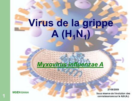 1 Virus de la grippe A (H 1 N 1 ) Myxovirus influenzae A 27/08/2009 Sous réserve de l’évolution des connaissances sur le A(H 1 N 1 ) MGEN Union.
