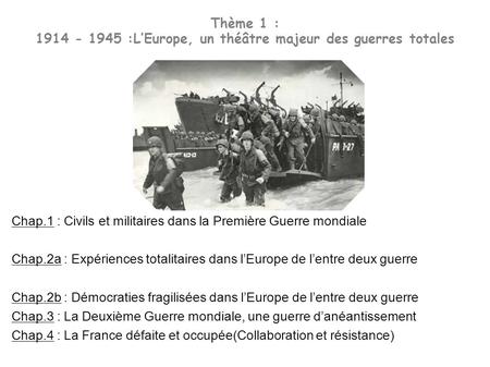 Thème 1 : :L’Europe, un théâtre majeur des guerres totales Chap.1 : Civils et militaires dans la Première Guerre mondiale Chap.2a : Expériences.