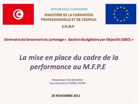 1 REPUBLIQUE TUNISIENNE La mise en place du cadre de la performance au M.F.P.E MINISTERE DE LA FORMATION PROFESSIONNELLE ET DE L’EMPLOI 18 NOVEMBRE 2011.