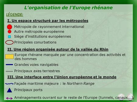 L'organisation de l'Europe rhénane LÉGENDE: I. Un espace structuré par les métropoles II. Une région organisée autour de la vallée du Rhin III. Une interface.