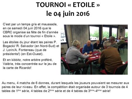 TOURNOI « ETOILE » le 04 juin 2016 C’est par un temps gris et maussade, en ce samedi 04 juin 2016 que le CBRC organise sa fête de fin d’année sous le mode.