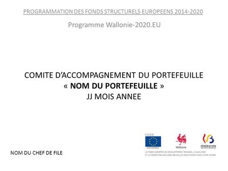 COMITE D’ACCOMPAGNEMENT DU PORTEFEUILLE « NOM DU PORTEFEUILLE » JJ MOIS ANNEE PROGRAMMATION DES FONDS STRUCTURELS EUROPEENS Programme Wallonie-2020.EU.