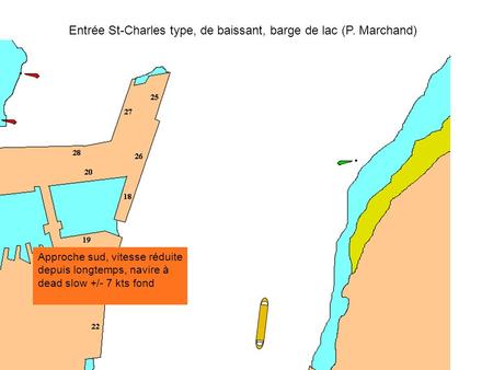 Entrée St-Charles type, de baissant, barge de lac (P. Marchand) Approche sud, vitesse réduite depuis longtemps, navire à dead slow +/- 7 kts fond.