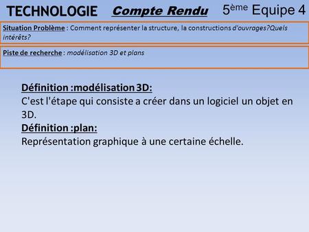 TECHNOLOGIE 5 ème Equipe 4 Compte Rendu Piste de recherche : modélisation 3D et plans Situation Problème : Comment représenter la structure, la constructions.