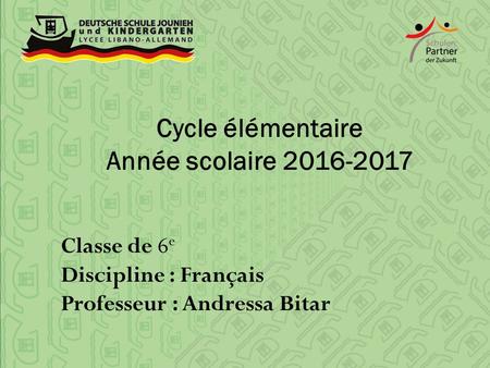 Cycle élémentaire Année scolaire Classe de 6 e Discipline : Français Professeur : Andressa Bitar.
