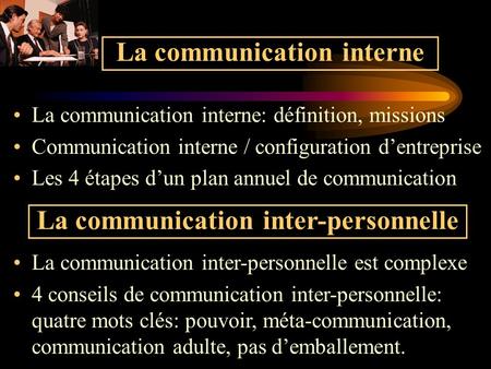 La communication interne: définition, missions Communication interne / configuration d’entreprise Les 4 étapes d’un plan annuel de communication La communication.