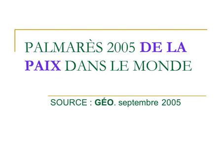 PALMARÈS 2005 DE LA PAIX DANS LE MONDE SOURCE : GÉO. septembre 2005.
