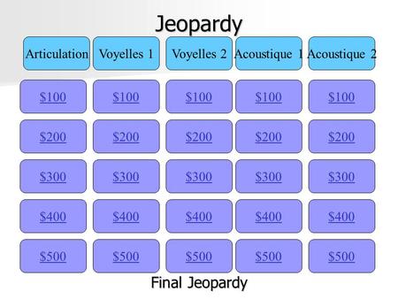 Jeopardy $100 ArticulationVoyelles 1Voyelles 2Acoustique 1Acoustique 2 $200 $300 $400 $500 $400 $300 $200 $100 $500 $400 $300 $200 $100 $500 $400 $300.