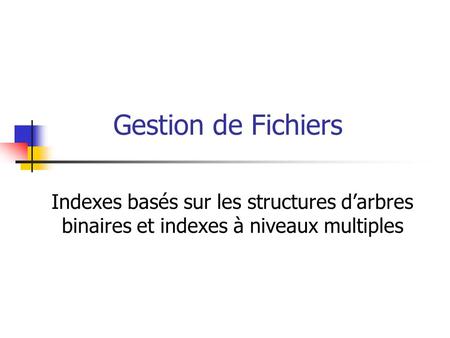 Gestion de Fichiers Indexes basés sur les structures d’arbres binaires et indexes à niveaux multiples.