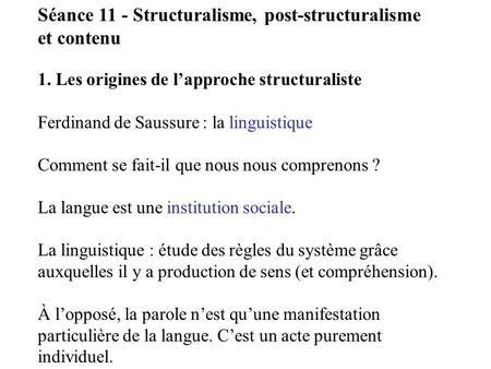 Séance 11 - Structuralisme, post-structuralisme et contenu