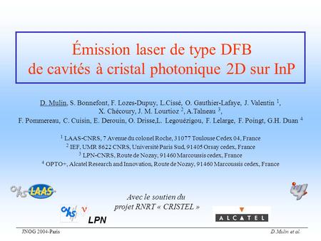 Émission laser de type DFB de cavités à cristal photonique 2D sur InP