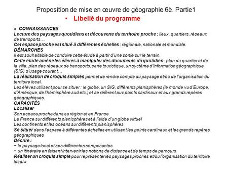 Proposition de mise en œuvre de géographie 6è. Partie1
