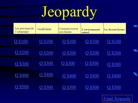 Jeopardy Les provinces de lAtlantique vocabulaire Comment trouver son chemin Q $100 Q $200 Q $300 Q $400 Q $500 Q $100 Q $200 Q $300 Q $400 Q $500 Final.