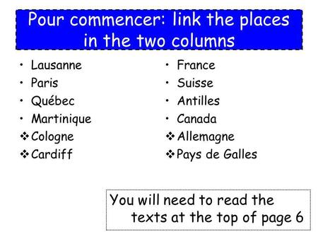 Pour commencer: link the places in the two columns Lausanne Paris Québec Martinique Cologne Cardiff France Suisse Antilles Canada Allemagne Pays de Galles.