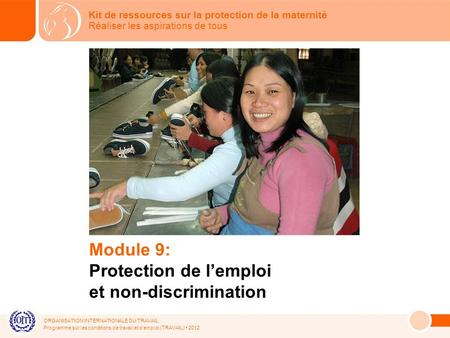 ORGANISATION INTERNATIONALE DU TRAVAIL Programme sur les conditions de travail et demploi (TRAVAIL) 2012 Module 9: Protection de lemploi et non-discrimination.