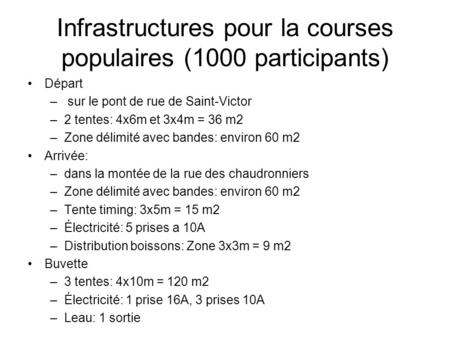 Infrastructures pour la courses populaires (1000 participants) Départ – sur le pont de rue de Saint-Victor –2 tentes: 4x6m et 3x4m = 36 m2 –Zone délimité.