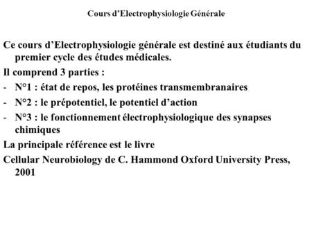 Cours d’Electrophysiologie Générale