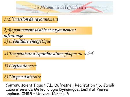 1) Lémission de rayonnement Contenu scientifique : J.L. Dufresne ; Réalisation : S. Jamili Laboratoire de Méteorologie Dynamique, Institut Pierre Laplace;