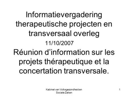 Kabinet van Volksgezondheid en Sociale Zaken 1 Informatievergadering therapeutische projecten en transversaal overleg Réunion dinformation sur les projets.