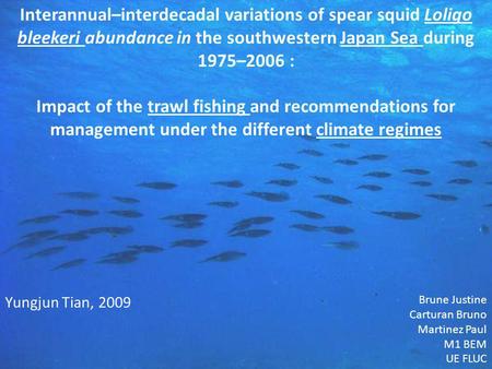 1 Interannual–interdecadal variations of spear squid Loligo bleekeri abundance in the southwestern Japan Sea during 1975–2006 : Impact of the trawl fishing.