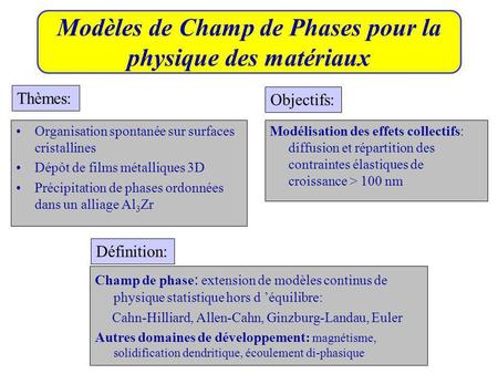 Modèles de Champ de Phases pour la physique des matériaux