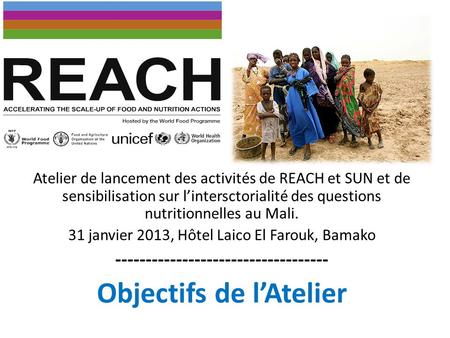 Atelier de lancement des activités de REACH et SUN et de sensibilisation sur lintersctorialité des questions nutritionnelles au Mali. 31 janvier 2013,
