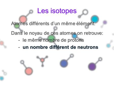 Les isotopes Atomes différents d’un même élément.