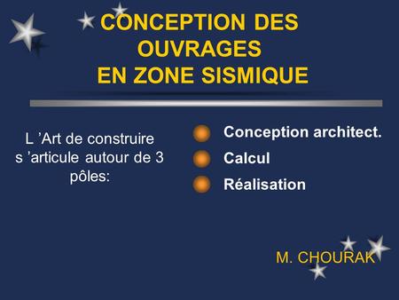 CONCEPTION DES OUVRAGES EN ZONE SISMIQUE Conception architect. Calcul Réalisation L ’Art de construire s ’articule autour de 3 pôles: M. CHOURAK.