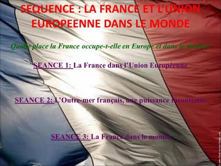 SEQUENCE : LA FRANCE ET L’UNION EUROPEENNE DANS LE MONDE Quelle place la France occupe-t-elle en Europe et dans le monde? SEANCE 1: La France dans l’Union.