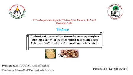 Présenté par: HOUESSE Arnaud Michée Etudiant en MasterII à l’Université de Parakou Thème Parakou le 07 Décembre 2016 Evaluation du potentiel des nématodes.