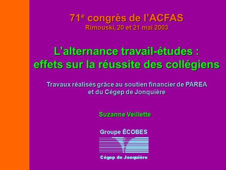 Travaux réalisés grâce au soutien financier de PAREA et du Cégep de Jonquière 71 e congrès de lACFAS Rimouski, 20 et 21 mai 2003 Lalternance travail-études.
