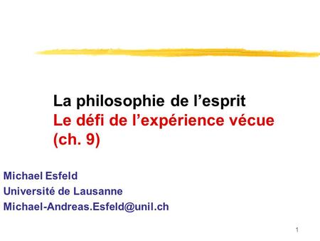 1 La philosophie de lesprit Le défi de lexpérience vécue (ch. 9) Michael Esfeld Université de Lausanne