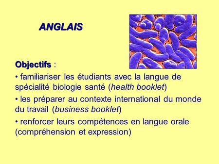 ANGLAIS Objectifs Objectifs : familiariser les étudiants avec la langue de spécialité biologie santé (health booklet) les préparer au contexte international.